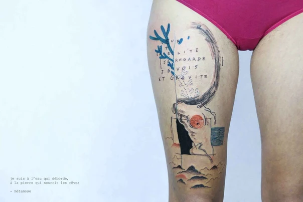 Sketch Text, Abstract tattoo on Thigh