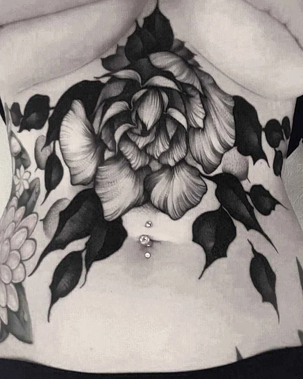 Black & Grey Flower, Leaves tattoo on Stomach