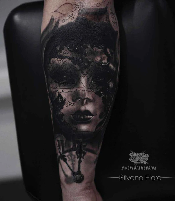 Black & Grey Portrait, Mask tattoo on Forearm