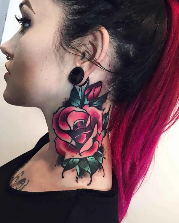 Traditional Rose, Botanic tattoo on Neck