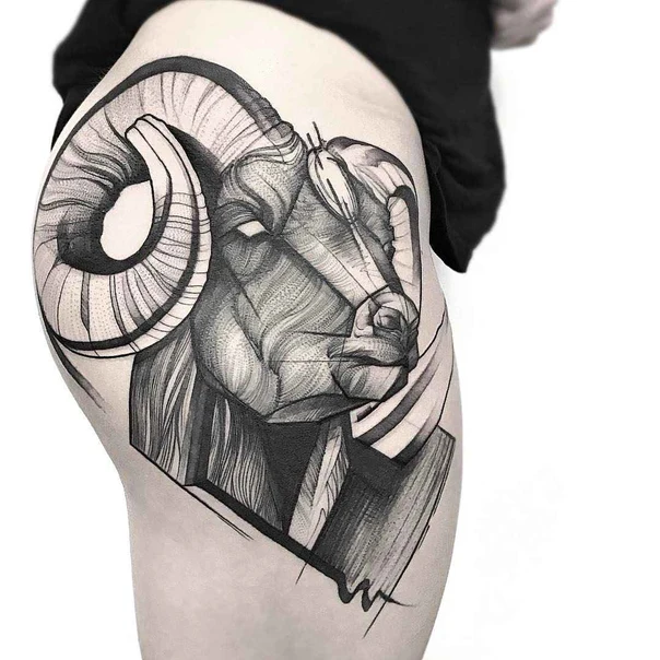 Black & Grey Ram tattoo on Thigh