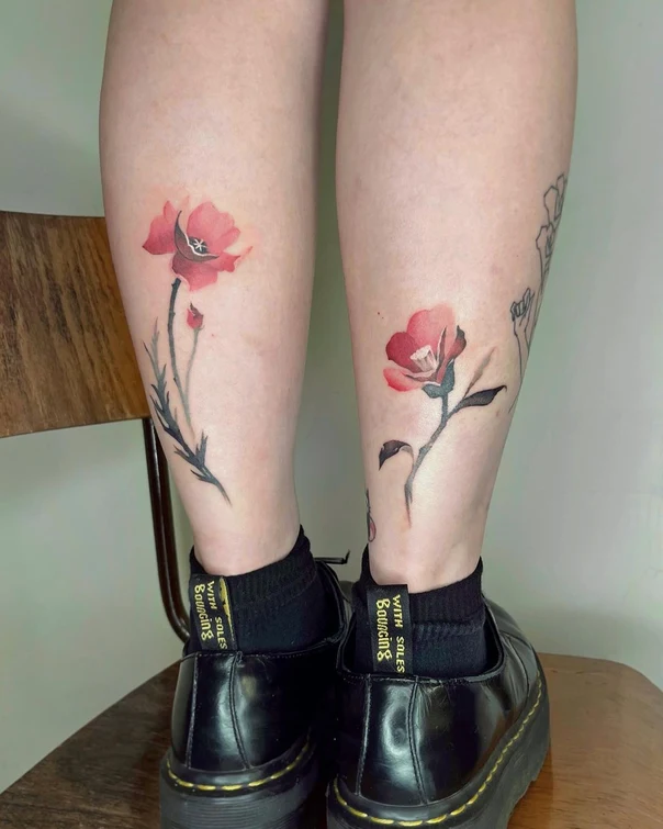 Watercolor Flower, Plant tattoo on Calf