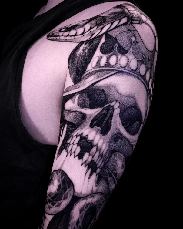 Black & Grey Skull, Snake tattoo on Full Sleeve