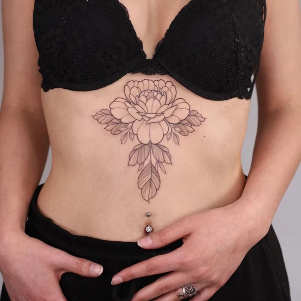 Linework Flower, Leaves tattoo on Stomach