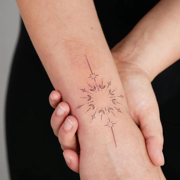 Linework Moon, Star tattoo on Wrist