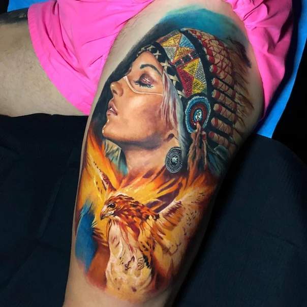 Realism Native american, Bird tattoo on Thigh