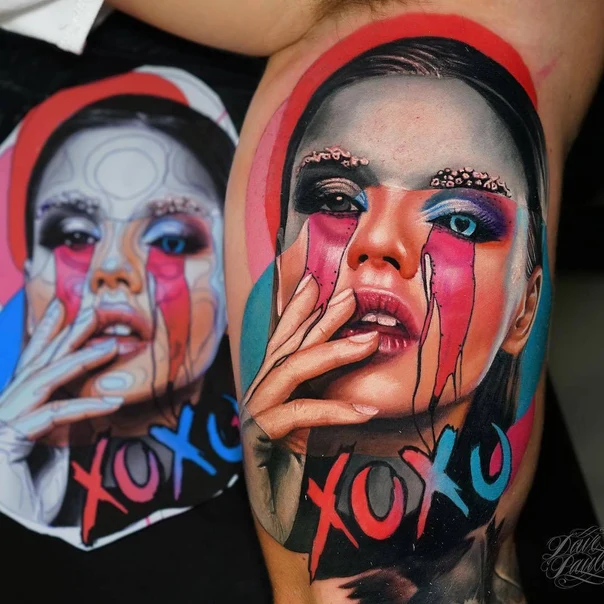 Realism Portrait, Face tattoo on Thigh
