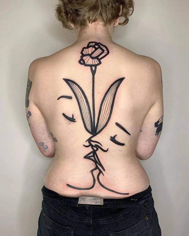 Linework Flower, Faces tattoo on Upper Back