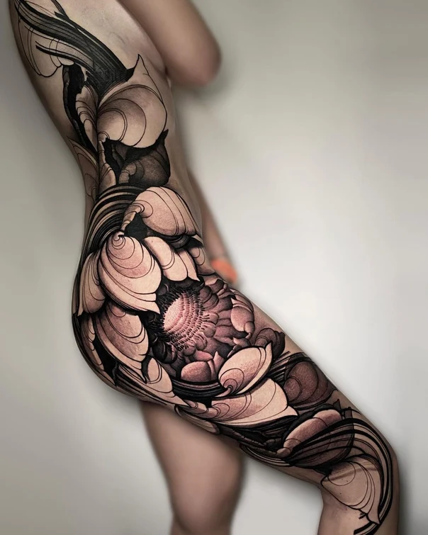 Illustrative Flower, Abstract tattoo on Thigh