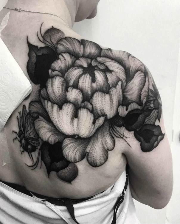 Black & Grey Flower, Bee tattoo on Shoulder