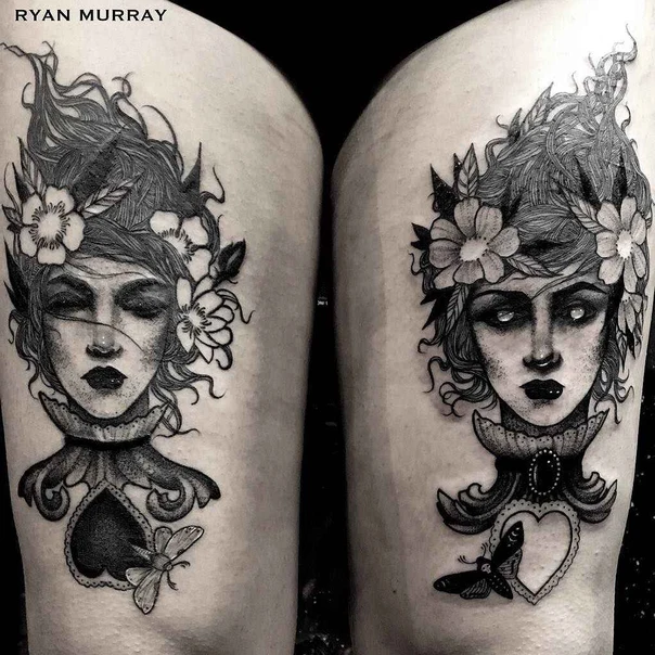 Black & Grey Portrait, Flowers tattoo on Thigh