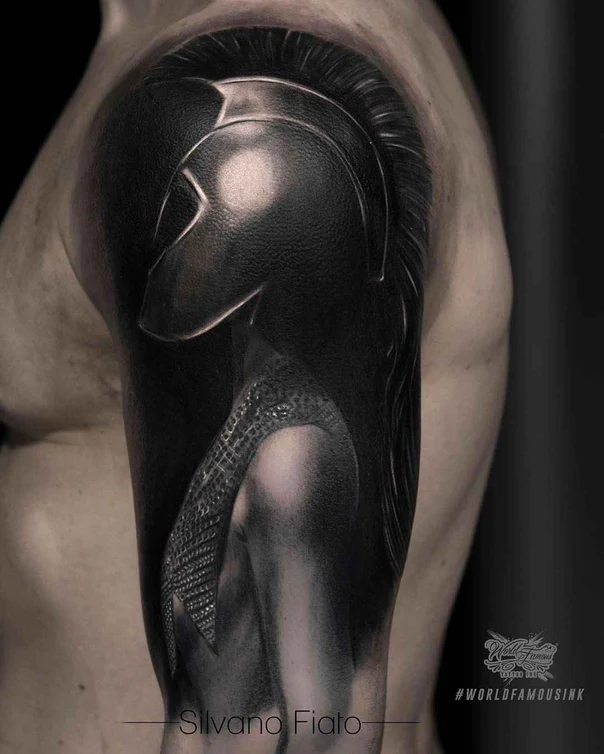 Black & Grey Helmet, Warrior tattoo on Upper Arm