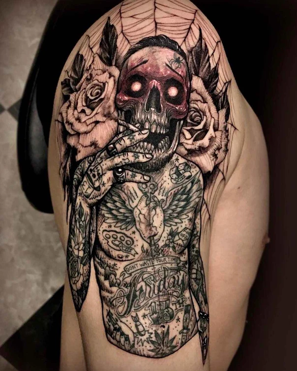 Black & Grey Skull, Roses tattoo on Shoulder