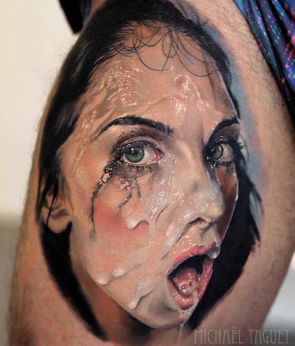 Realism Face, Woman tattoo on Thigh