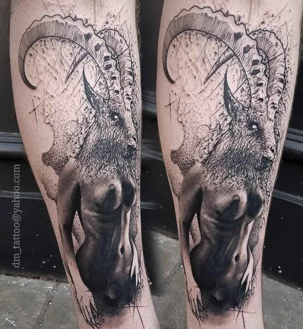 Black & Grey Goat, Nude tattoo on Calf