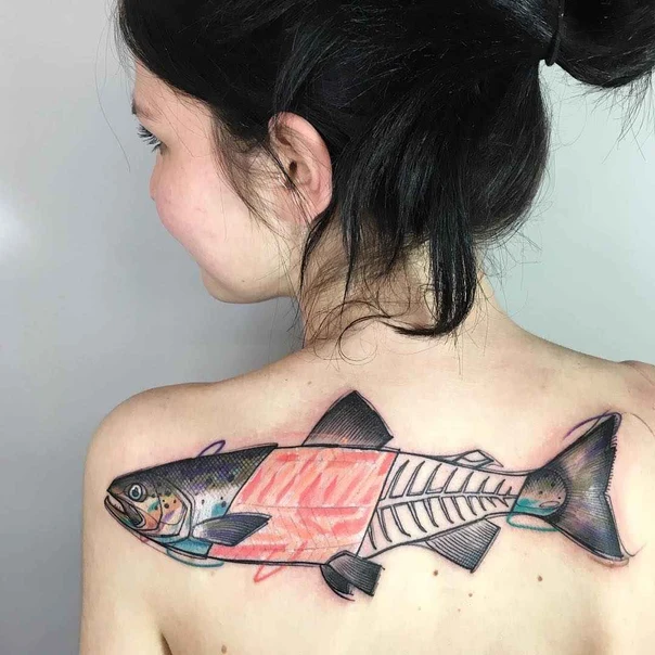 Illustrative Fish tattoo on Shoulder Blade