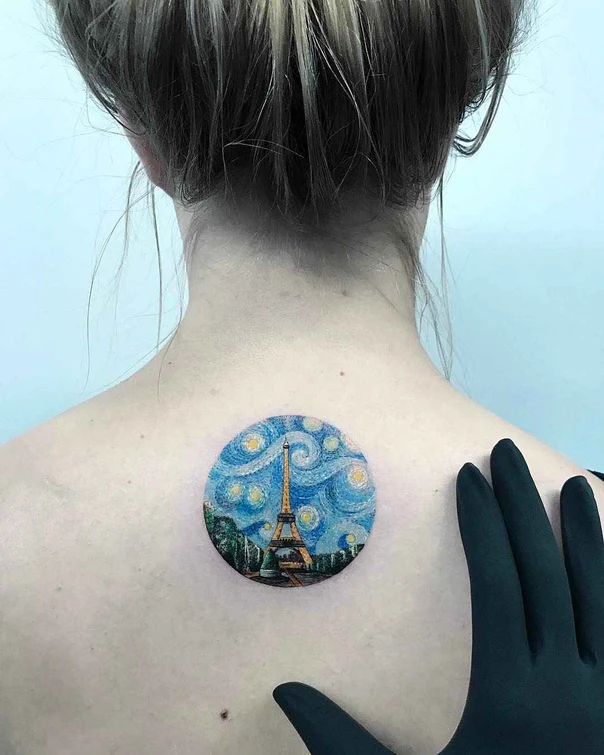 Realism Eiffel tower, Landscape tattoo on Back of neck