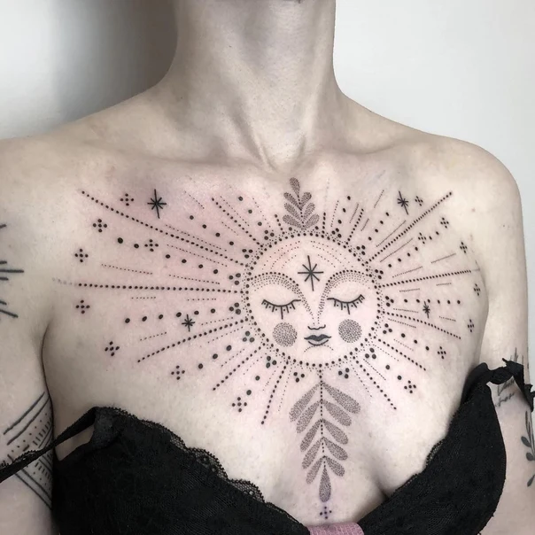 Linework Sun, Stars tattoo on Chest