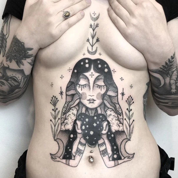 Blackwork Face, Stars tattoo on Stomach