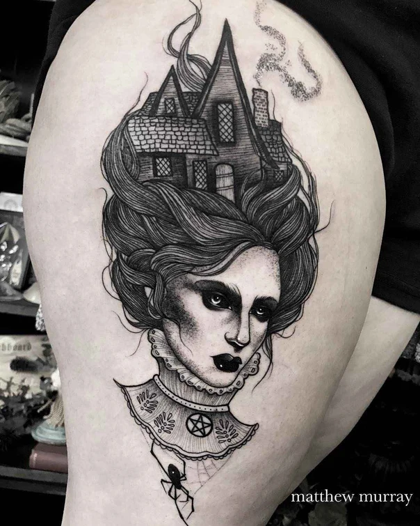 Blackwork Portrait, House tattoo on Thigh