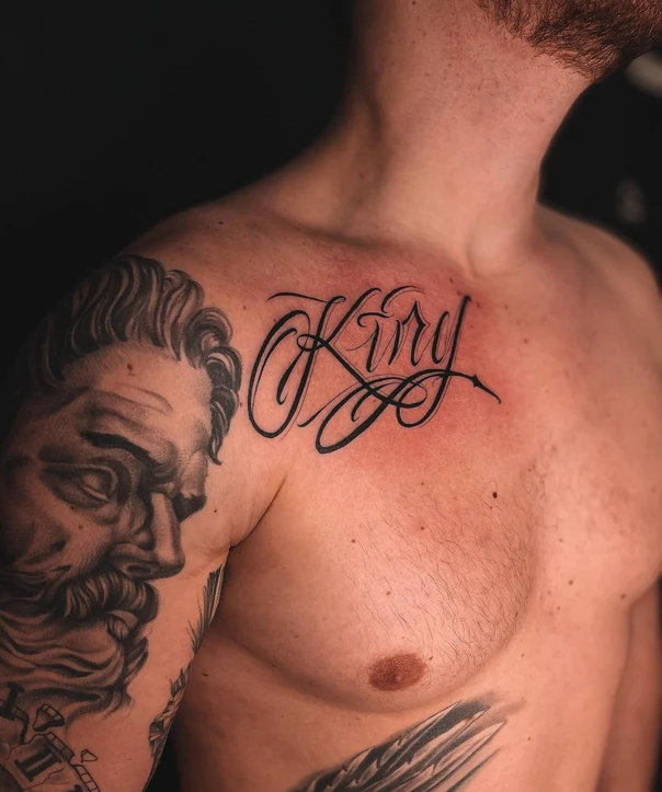 Calligraphy Lettering, Portrait tattoo on Chest