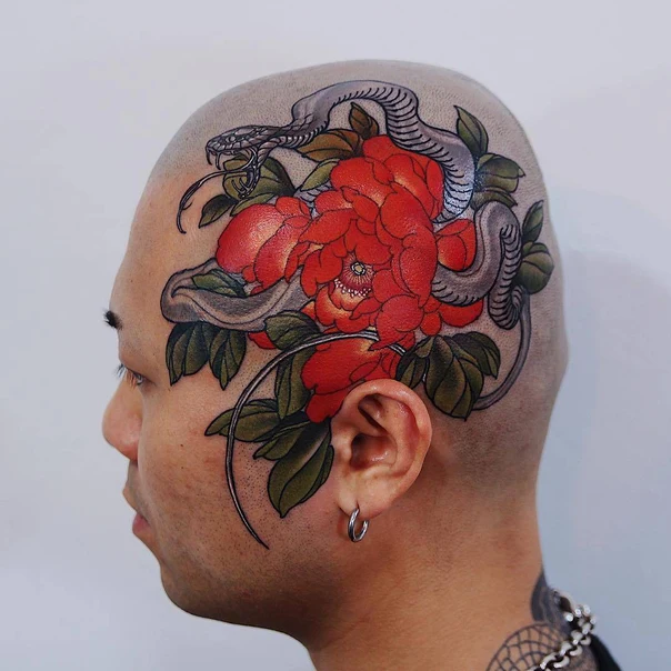 Japanese Snake, Flower tattoo on Head