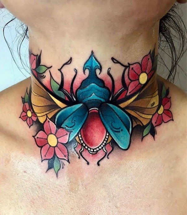 Neo Traditional Beetle, Flowers tattoo on Throat