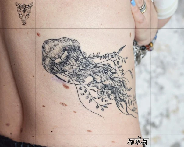 Blackwork Jellyfish, Flowers tattoo on Side