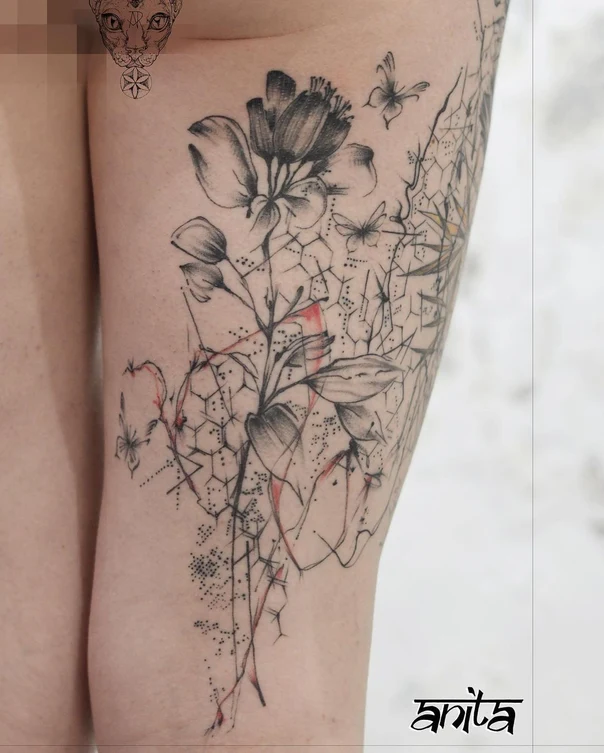 Sketch Botanic, Butterfly tattoo on Thigh