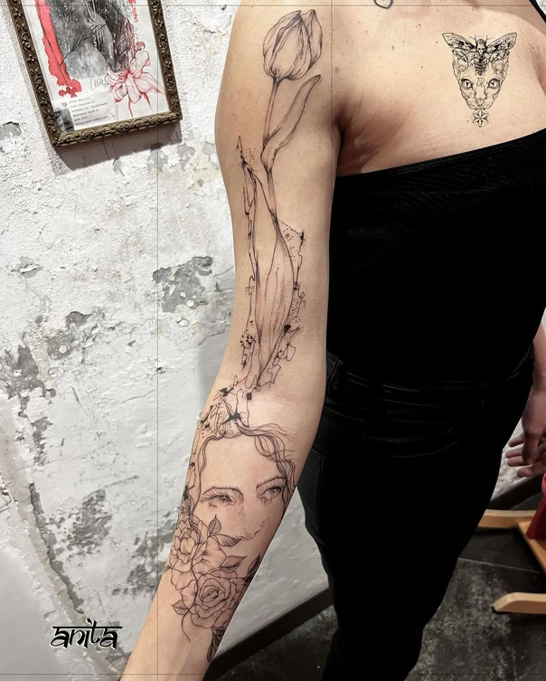 Fineline Flower, Portrait tattoo on Forearm