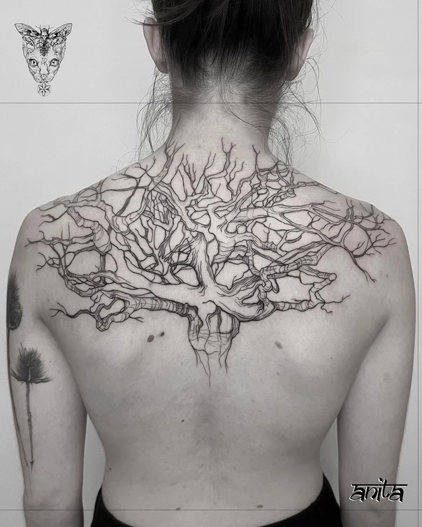 Linework Tree, Branches tattoo on Upper Back