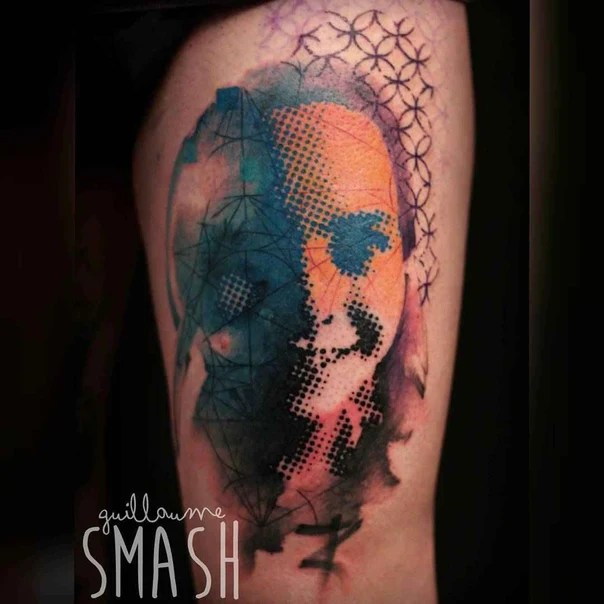 Abstract Face, Geometric tattoo on Thigh