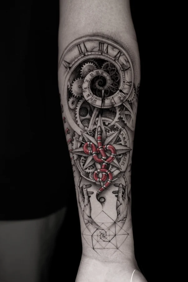 Black & Grey Clock, Snake tattoo on Forearm
