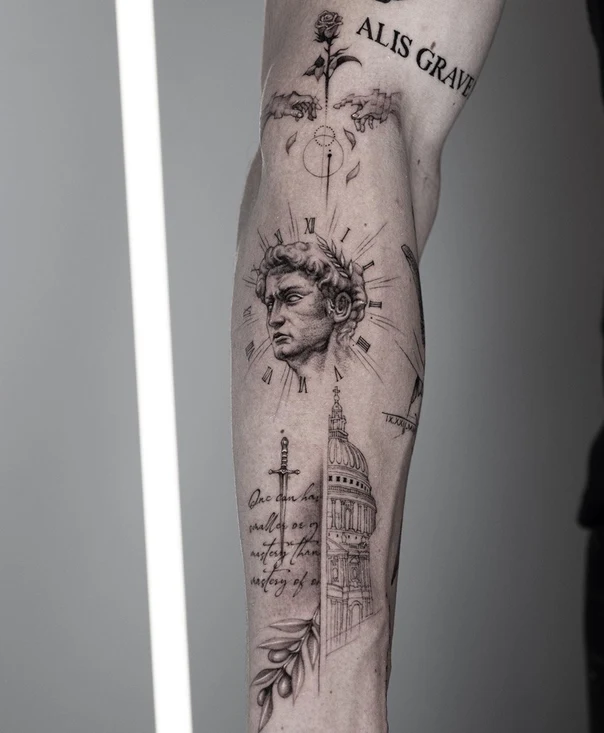 Blackwork Portrait, Clock tattoo on Forearm