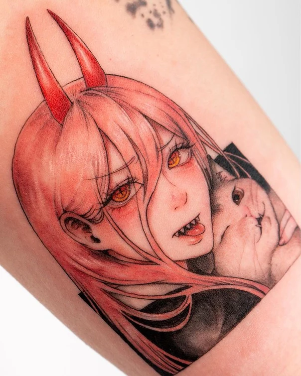 Anime Anime-character, Cat tattoo on Upper Arm