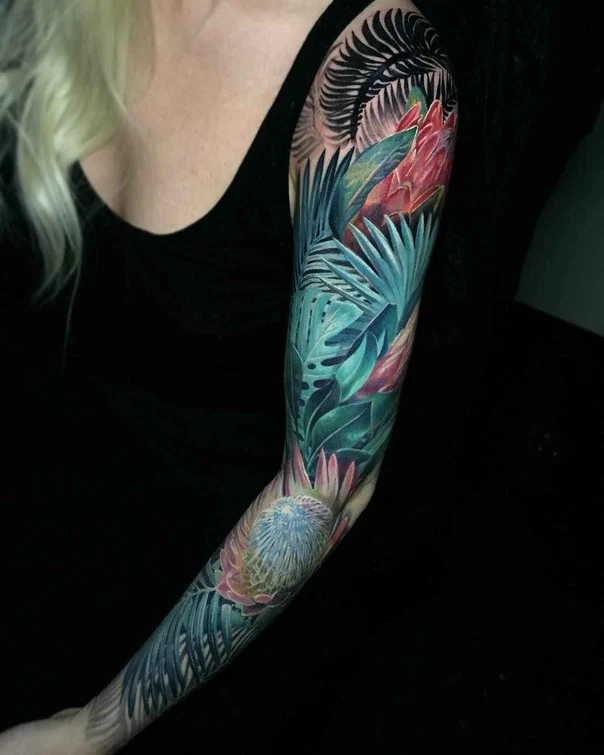 Botanic Flowers, Leaves tattoo on Full Sleeve