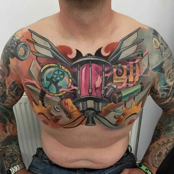 Biomechanical Gears, Wings tattoo on Chest
