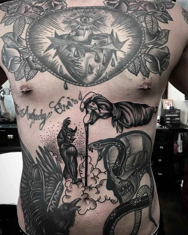 Black & Grey Heart, Eye tattoo on Chest
