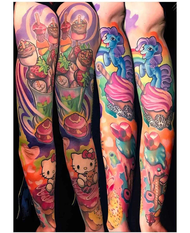 Cartoon Hello kitty, Desserts tattoo on Full Sleeve
