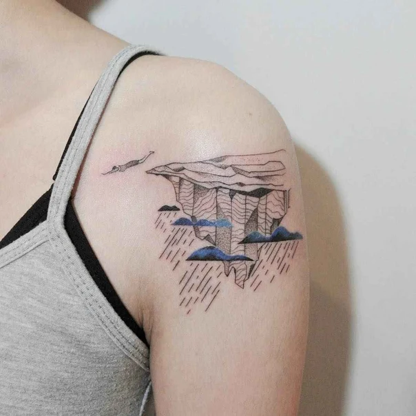 Linework Landscape, Clouds tattoo on Shoulder
