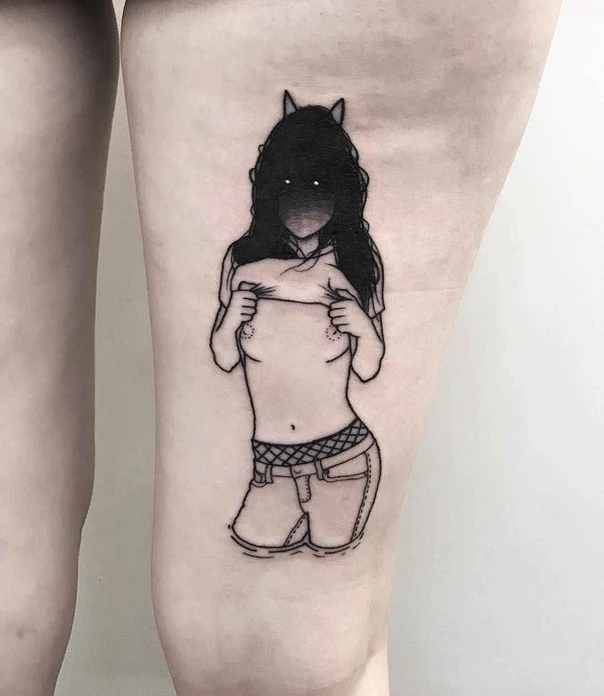Linework Figure, Demon tattoo on Thigh