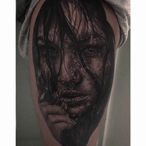 Realism Portrait, Face tattoo on Thigh