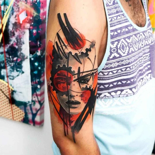 Abstract Face, Gears tattoo on Forearm