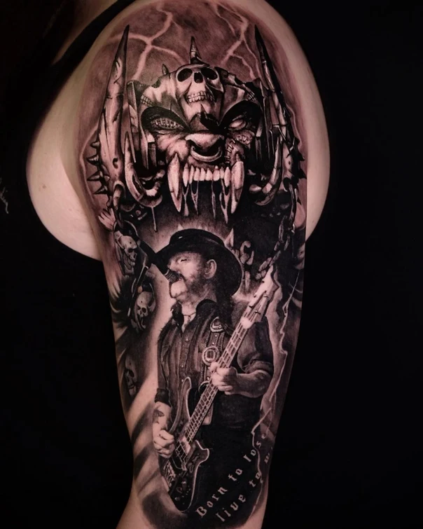 Black & Grey Skull, Portrait tattoo on Full Sleeve