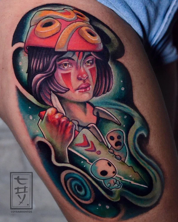 Anime Character, Forest spirit tattoo on Thigh