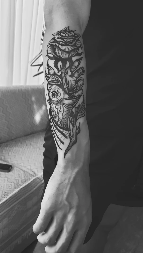 Blackwork Rose, Eye tattoo on Forearm