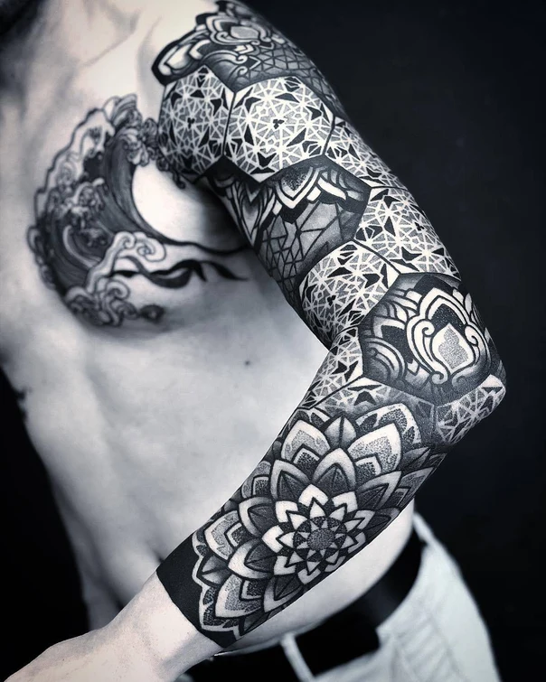 Blackwork Mandala, Geometric tattoo on Full Sleeve