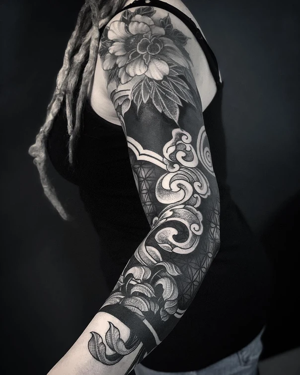 Blackwork Floral, Geometric tattoo on Full Sleeve