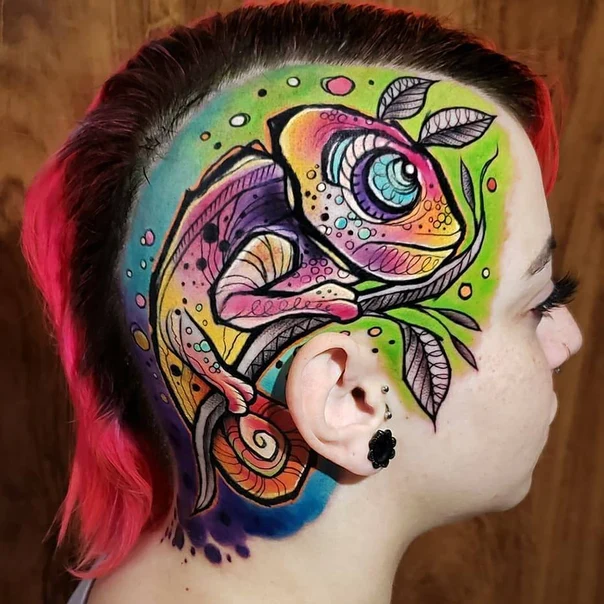 Illustrative Chameleon, Leaves tattoo on Back of neck