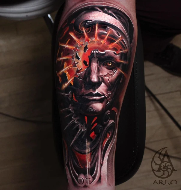 Biomechanical Face, Cyber tattoo on Forearm